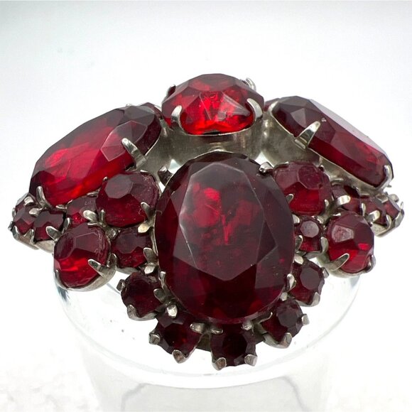 Vintage Red Rhinestone Brooch Pin Domed Prong Set Silver Tone Statement Runway - Picture 10 of 15